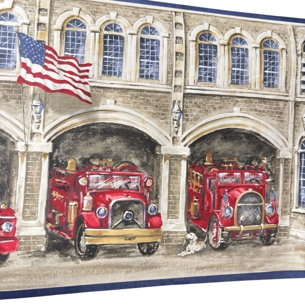 York Wallpaper Border Prepasted Fire Station Truck Dog Flag 5 YD X 9 inches NEW